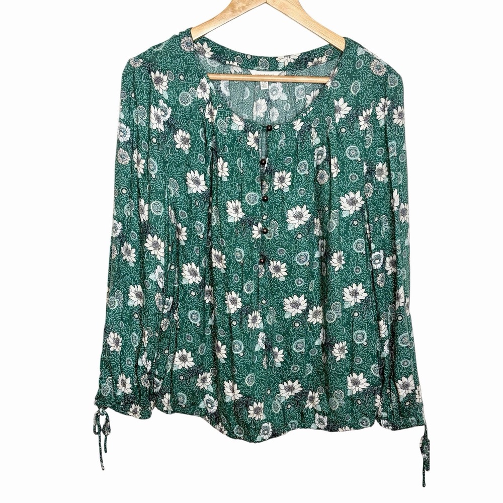 Lucky Brand Floral Top Green Womens Size L Boho Long Sleeve Peasant Hippie Retro